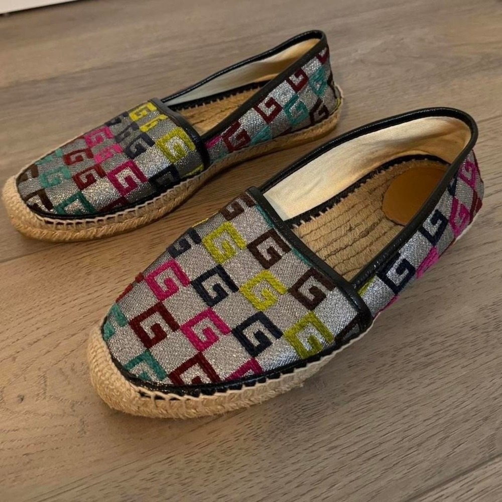 Gucci Womens Multicolor G Logo Metallic Silver Espadrille Flats 505916 Size 40